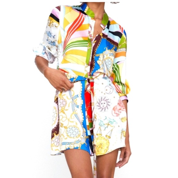 Zara Printed Mini Shirt Dress w/ Tie Belt in Multicolor Pattern - Picture 4 of 7